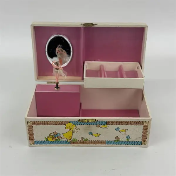 Vtg 1960s Cardboard Ballerina Musical Jewelry Box Girl Flowers Plays Rain Drops