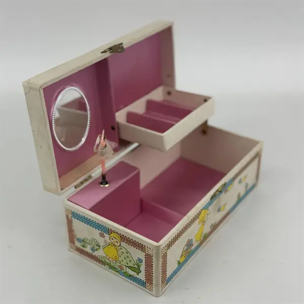 Vtg 1960s Cardboard Ballerina Musical Jewelry Box Girl Flowers Plays Rain Drops