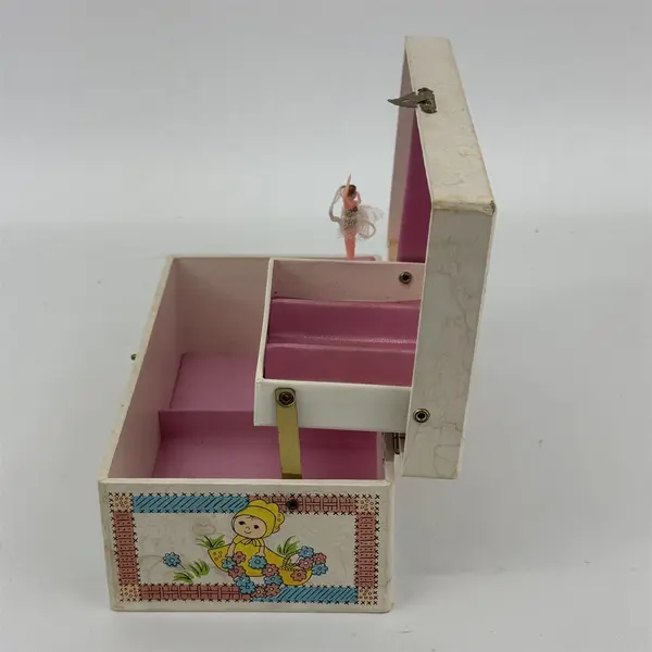 Vtg 1960s Cardboard Ballerina Musical Jewelry Box Girl Flowers Plays Rain Drops