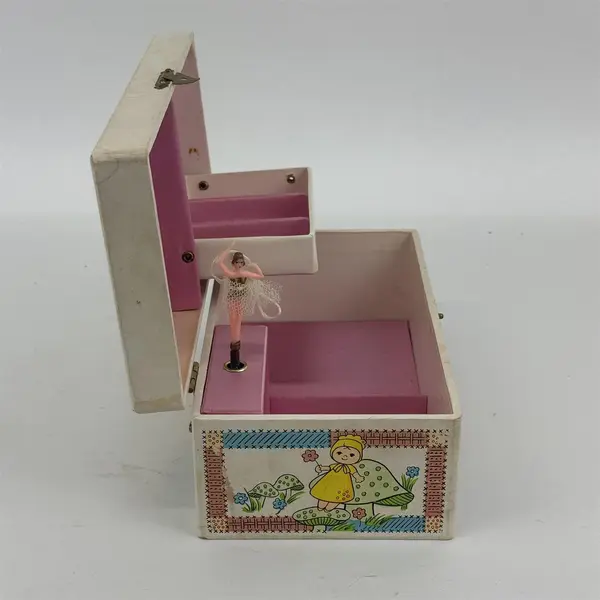 Vtg 1960s Cardboard Ballerina Musical Jewelry Box Girl Flowers Plays Rain Drops