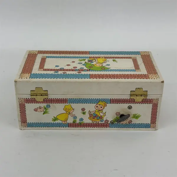Vtg 1960s Cardboard Ballerina Musical Jewelry Box Girl Flowers Plays Rain Drops