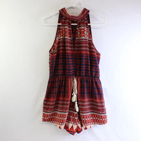 In The Beginning Orange Navy Blue Beige Tribal Pattern Romper Women's Medium