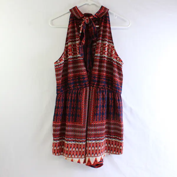 In The Beginning Orange Navy Blue Beige Tribal Pattern Romper Women's Medium