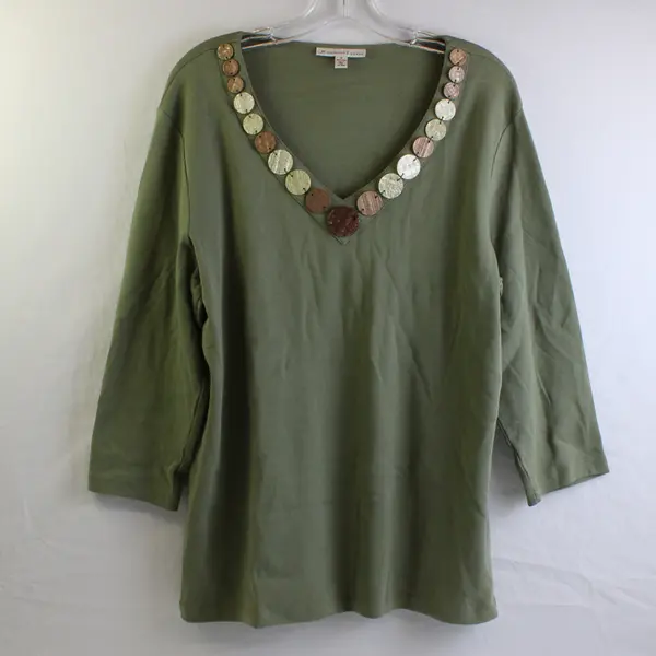 JM Collection Green 3/4-Sleeve Beaded Neckline Cotton Top Women's Size 1X