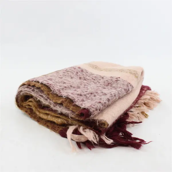 Long Brown Pink and Red Check Pattern Fringed Fuzzy Scarf 26" x 66"