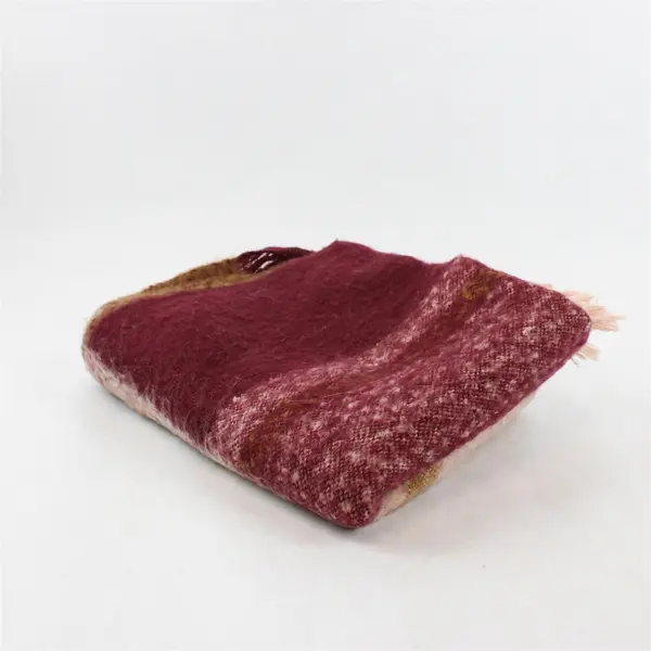 Long Brown Pink and Red Check Pattern Fringed Fuzzy Scarf 26" x 66"