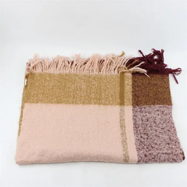 Long Brown Pink and Red Check Pattern Fringed Fuzzy Scarf 26" x 66"