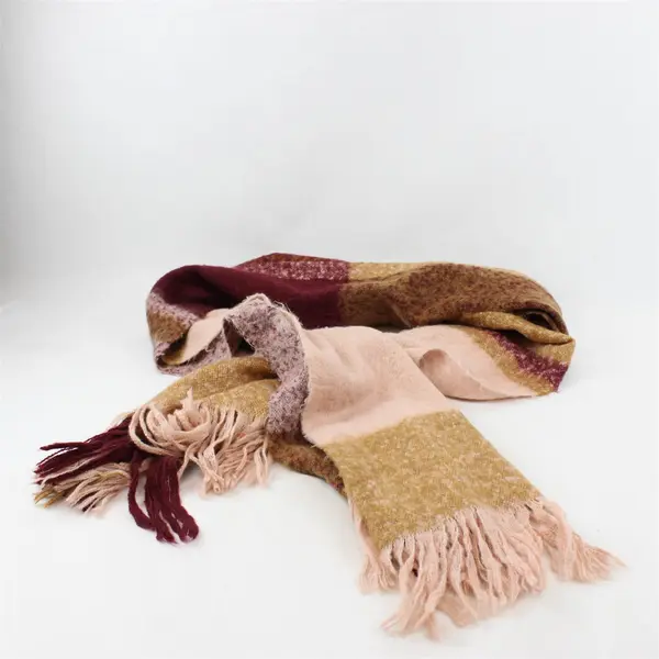 Long Brown Pink and Red Check Pattern Fringed Fuzzy Scarf 26" x 66"