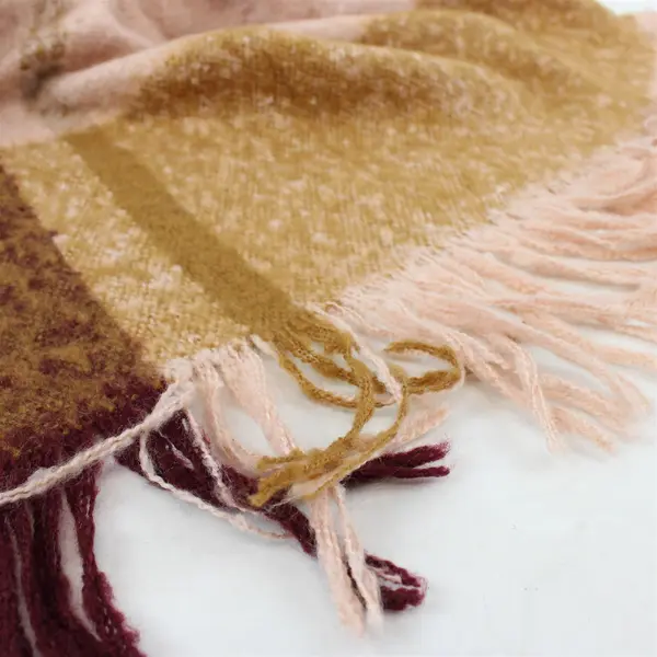 Long Brown Pink and Red Check Pattern Fringed Fuzzy Scarf 26" x 66"