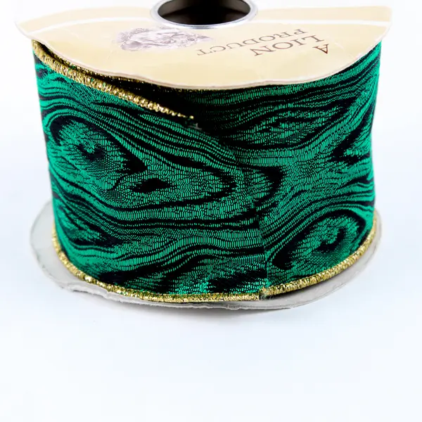 Spool of Vintage Green Gold Trimmed Christmas Craft Wired Ribbon 2.8"W