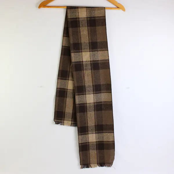 Brown Plaid Fringed Scarf 7.5" x 58" Autumn Winter Accessory
