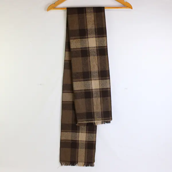 Brown Plaid Fringed Scarf 7.5" x 58" Autumn Winter Accessory