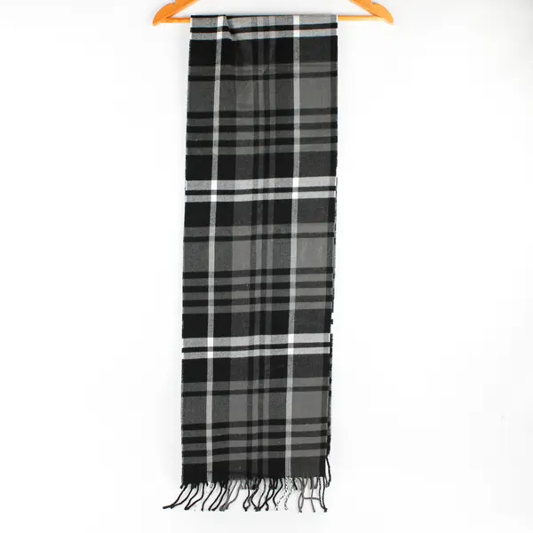 Sears Black and Gray Plaid Fringed Acrylic Scarf 11" x 68"