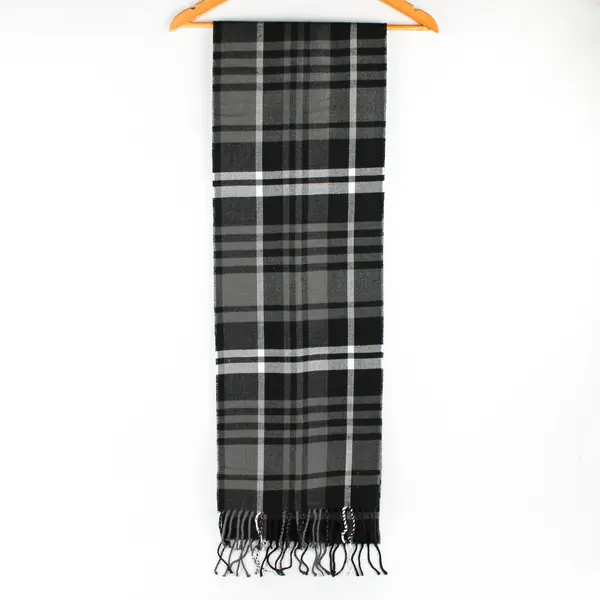 Sears Black and Gray Plaid Fringed Acrylic Scarf 11" x 68"