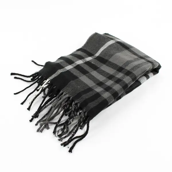 Sears Black and Gray Plaid Fringed Acrylic Scarf 11" x 68"