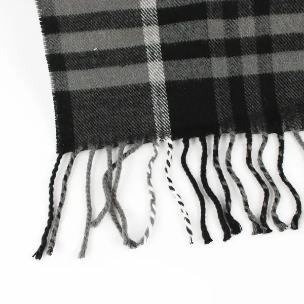 Sears Black and Gray Plaid Fringed Acrylic Scarf 11" x 68"
