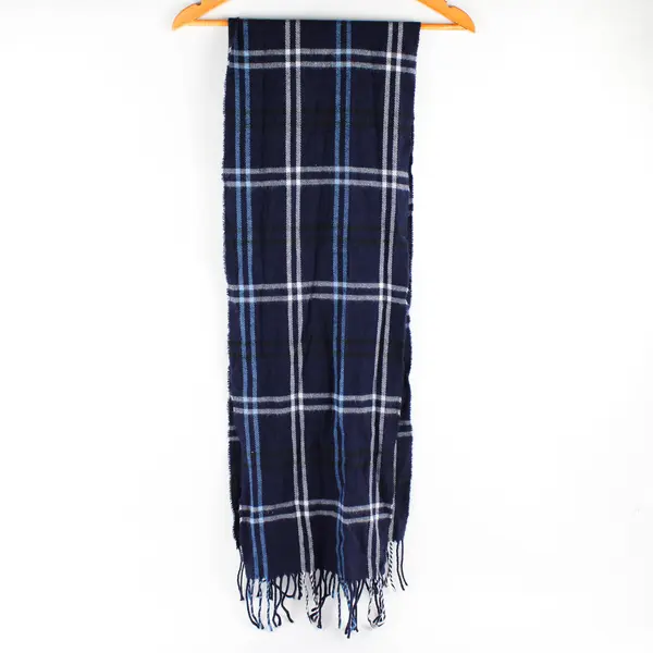Blue Plaid Fringed Scarf 11" x 65" Autumn Winter Accessory