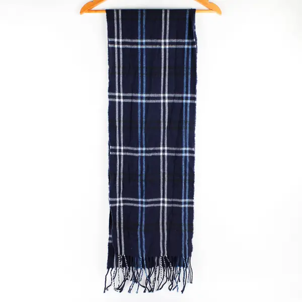 Blue Plaid Fringed Scarf 11" x 65" Autumn Winter Accessory