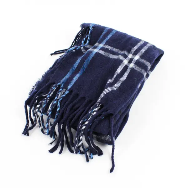 Blue Plaid Fringed Scarf 11" x 65" Autumn Winter Accessory