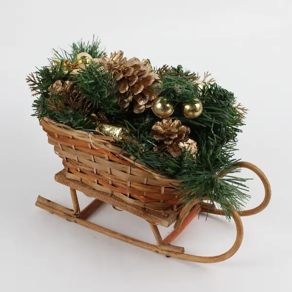 Wicker Sleigh w/Christmas Greenery, Acorns, Bells, etc. Table Decoration 9" Tall