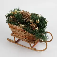 Wicker Sleigh w/Christmas Greenery, Acorns, Bells, etc. Table Decoration 9" Tall