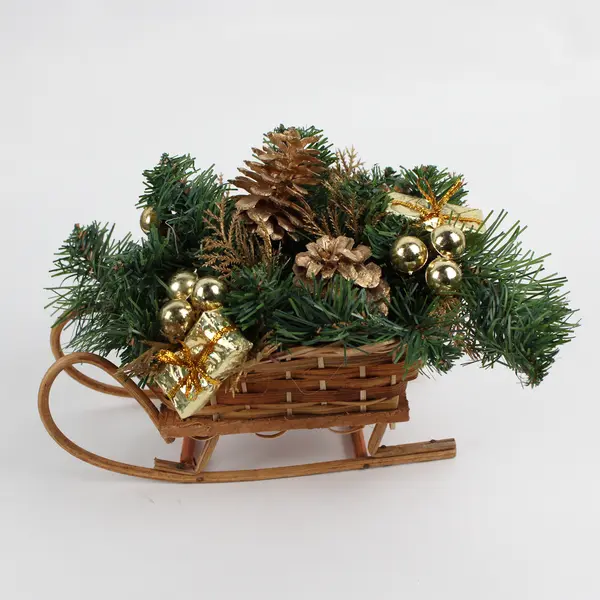 Wicker Sleigh w/Christmas Greenery, Acorns, Bells, etc. Table Decoration 9" Tall