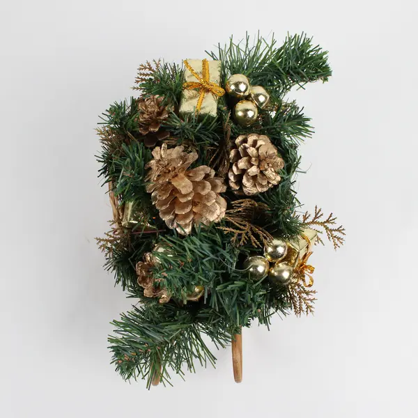 Wicker Sleigh w/Christmas Greenery, Acorns, Bells, etc. Table Decoration 9" Tall