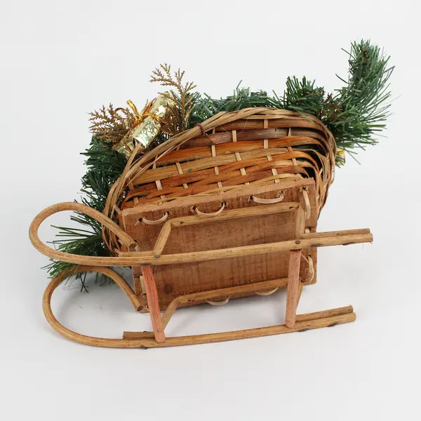 Wicker Sleigh w/Christmas Greenery, Acorns, Bells, etc. Table Decoration 9" Tall