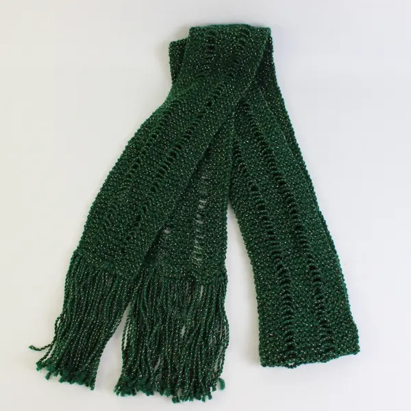 Skinny Forest Green and Gold Metallic Fringed Knit Scarf 5" x 90"
