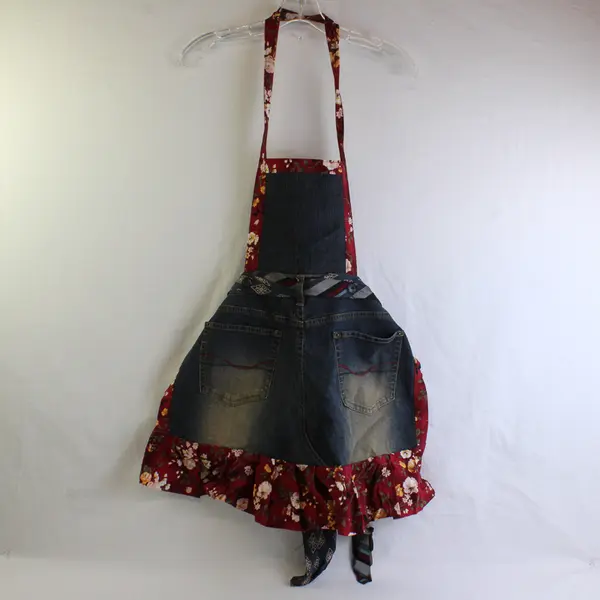 Women's Handmade Medium Wash Denim Ruffle Hem Apron One Size