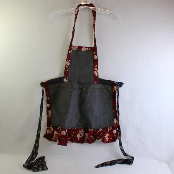 Women's Handmade Medium Wash Denim Ruffle Hem Apron One Size