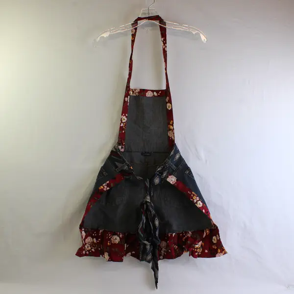 Women's Handmade Medium Wash Denim Ruffle Hem Apron One Size
