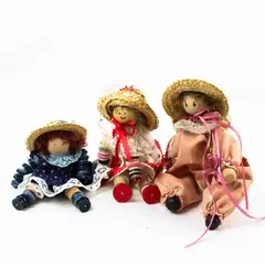 Lot of 3 Handmade 6in Cloth and Button Dolls for Collectors Craft Display