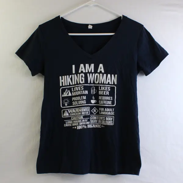 Next Level Navy Blue Funny Hiking-Themed V-Neck T-Shirt Women's Large