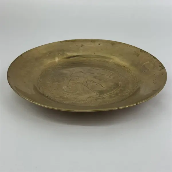 Vtg 9" Solid Brass Plate Engraved Sailboats On A Lake With Mountains Scene 9in