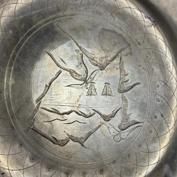 Vtg 9" Solid Brass Plate Engraved Sailboats On A Lake With Mountains Scene 9in