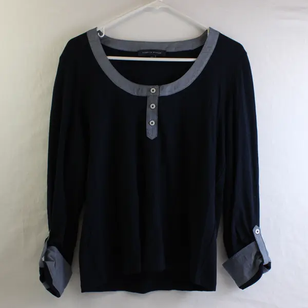 Tommy Hilfiger Navy Blue Roll-Tab Sleeve Top Women's Large
