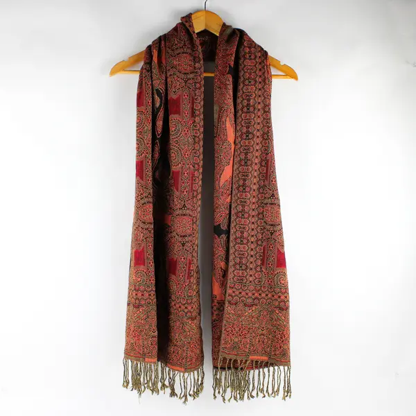 Orange Boho Paisley Pattern Fringed Scarf Shawl 27" x 74"