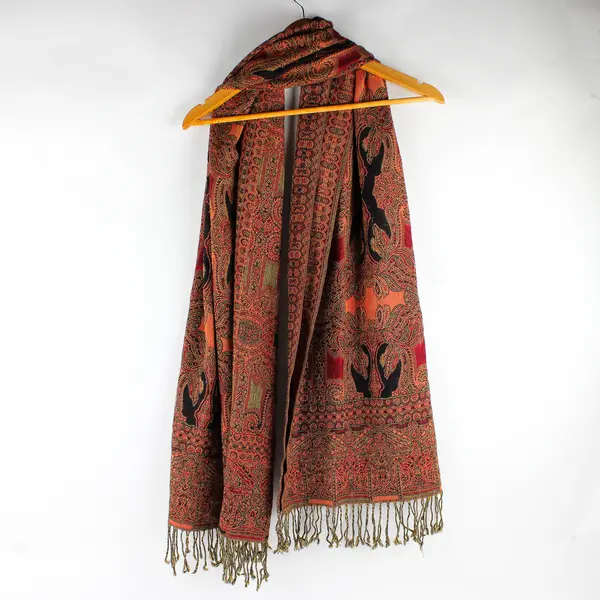 Orange Boho Paisley Pattern Fringed Scarf Shawl 27" x 74"