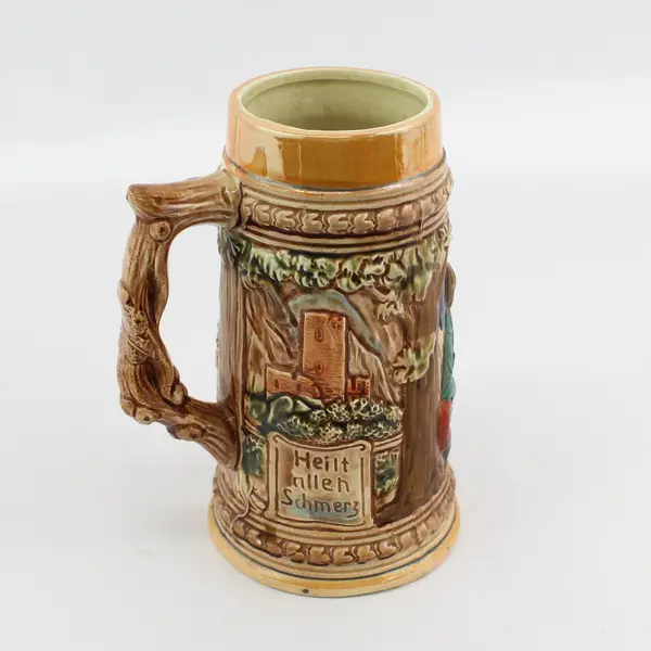 Vtg Ceramic German  Stein Translated Reads A Joyful Heart Heals All Pain 7"