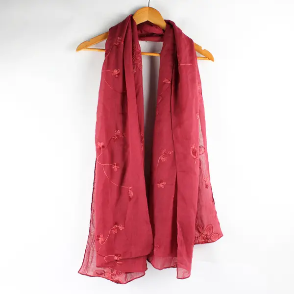 Floral Embroidered Sheer Red Rectangle Scarf Shawl 36" x 70"