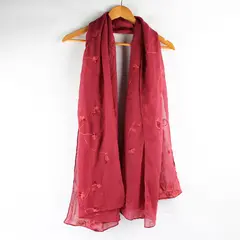 Floral Embroidered Sheer Red Rectangle Scarf Shawl 36" x 70"