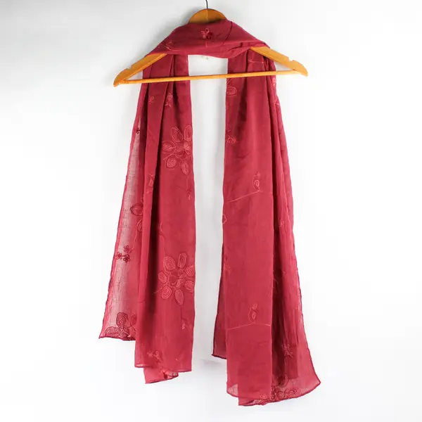 Floral Embroidered Sheer Red Rectangle Scarf Shawl 36" x 70"