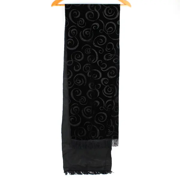 Women's Swirl Pattern Black Velvet Fringed Scarf 10.5" x 68"