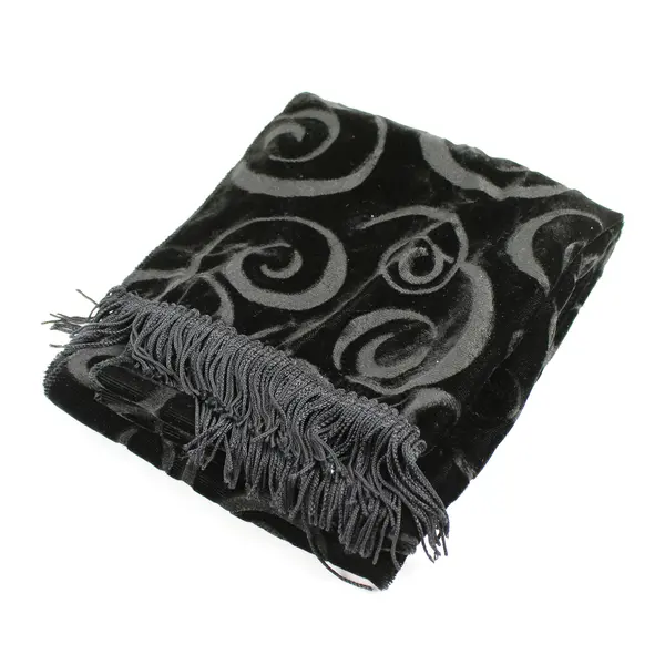 Women's Swirl Pattern Black Velvet Fringed Scarf 10.5" x 68"