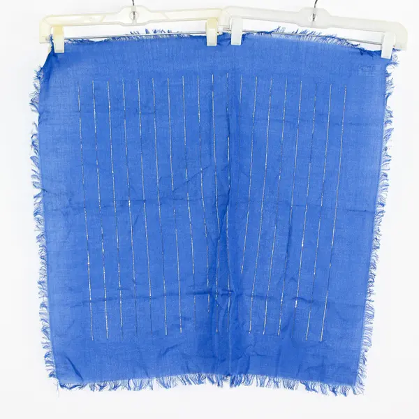 NOS Vintage I. Shalom & Co. Blue and Metallic Gold Fringed Scarf 26" x 26"
