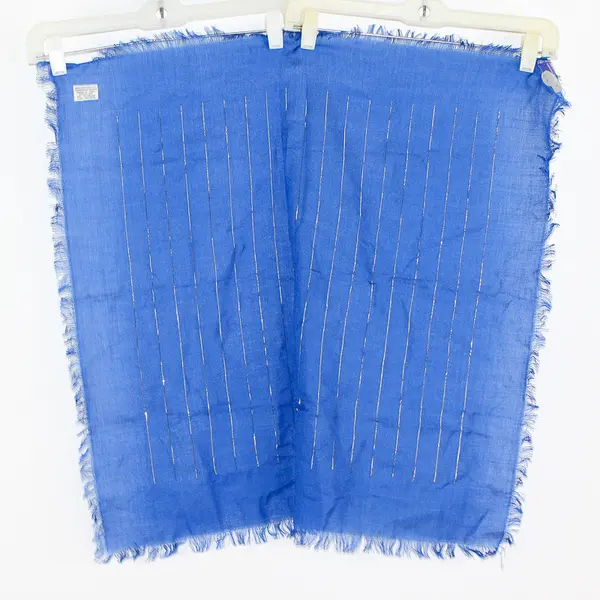 NOS Vintage I. Shalom & Co. Blue and Metallic Gold Fringed Scarf 26" x 26"