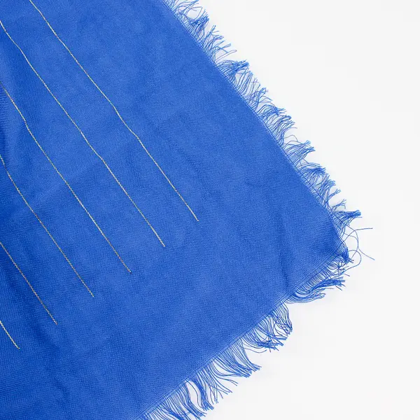 NOS Vintage I. Shalom & Co. Blue and Metallic Gold Fringed Scarf 26" x 26"