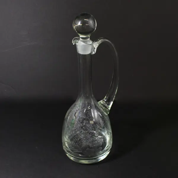 Etched Glass Wine Decanter With Glass Stopper And Handle Flower Leaves 15” Tall