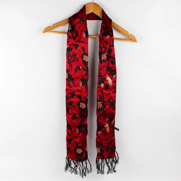 Zazou Red Black and Yellow Floral Pattern Fringed Rectangle Scarf 9.5" x 60"